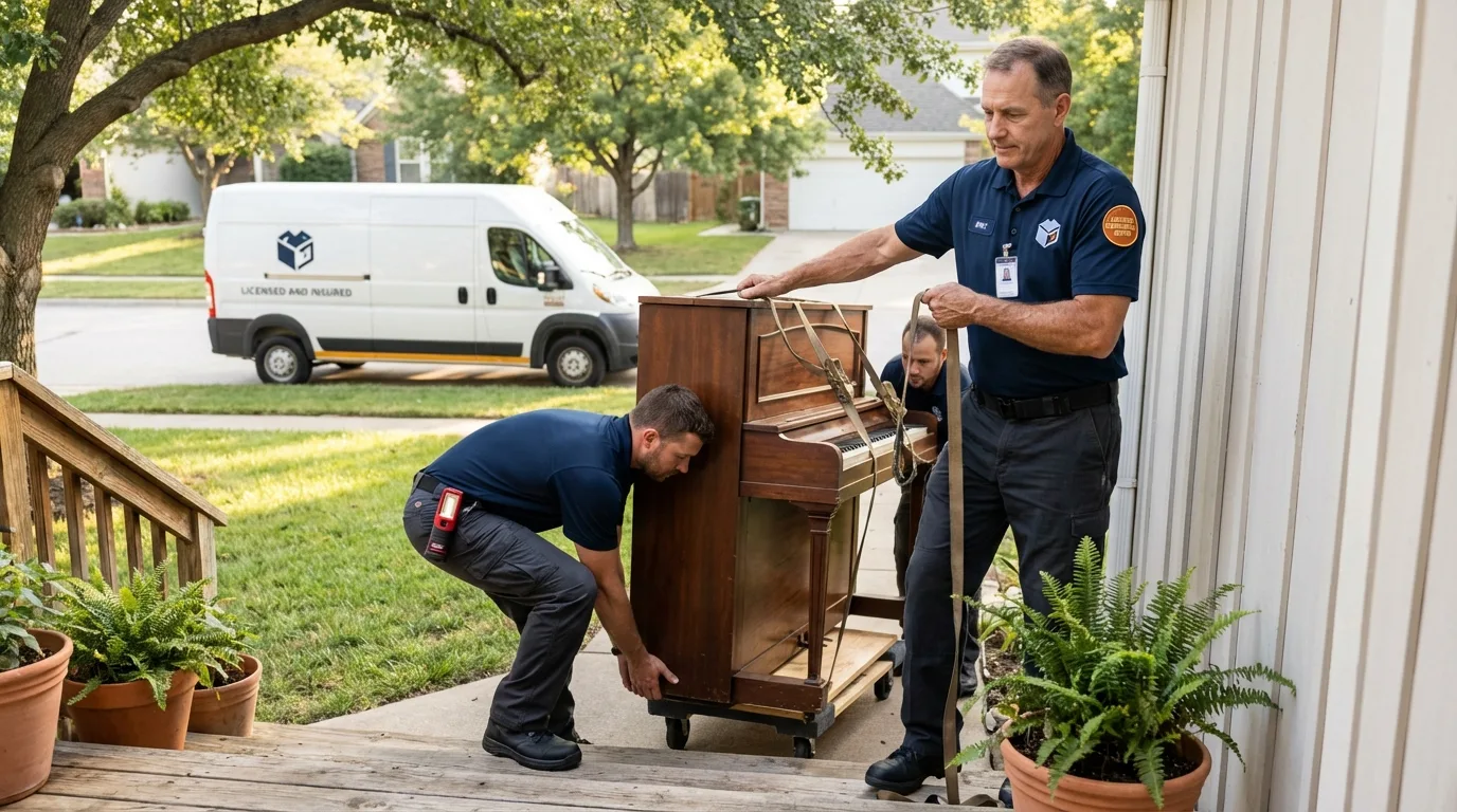 Licensed piano movers securing grand piano in Holloman Air Force Base, NM