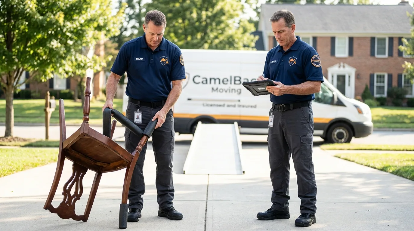 Movers inspecting furniture for damage prevention before loading in Holloman Air Force Base, NM