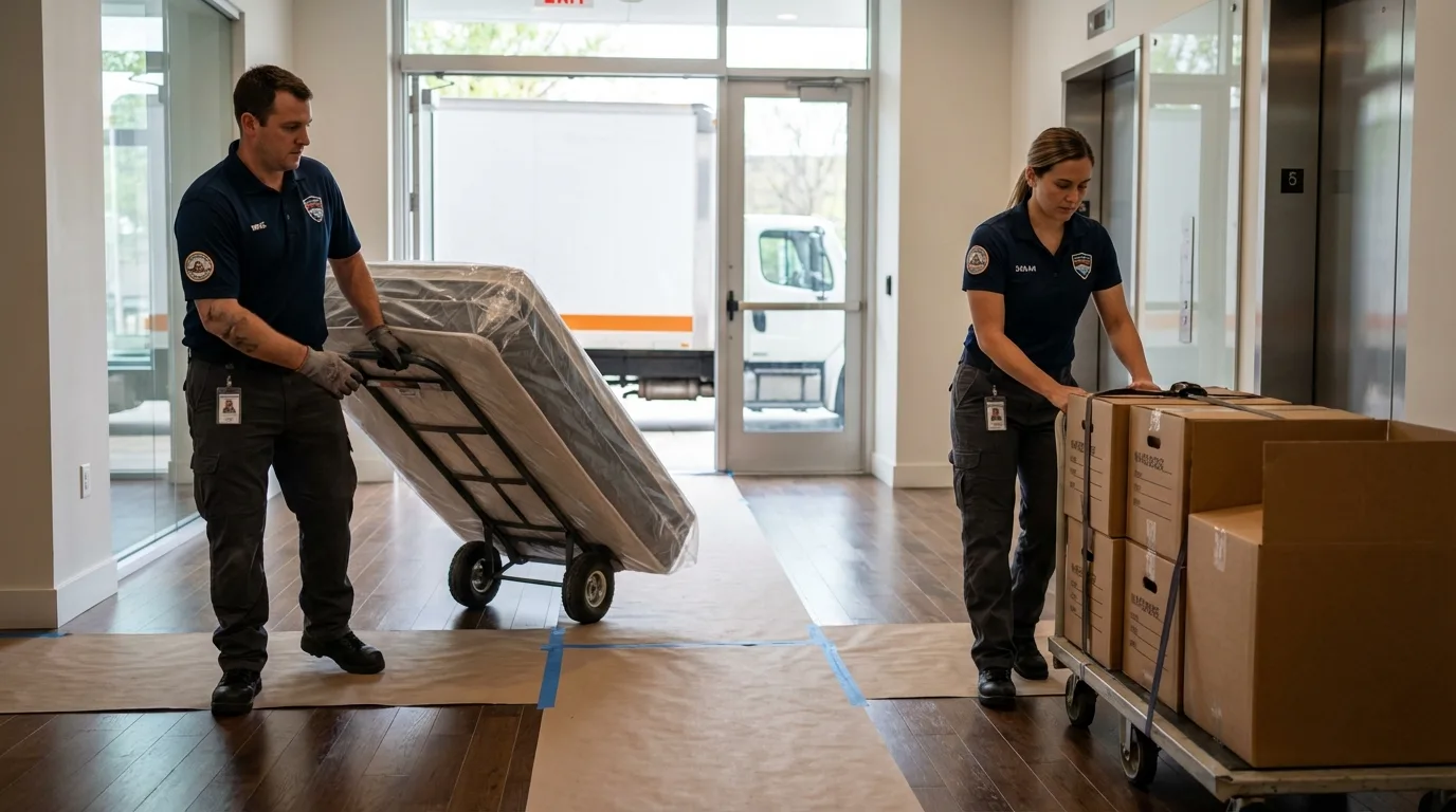 Professional apartment movers loading elevator in Holloman Air Force Base, NM