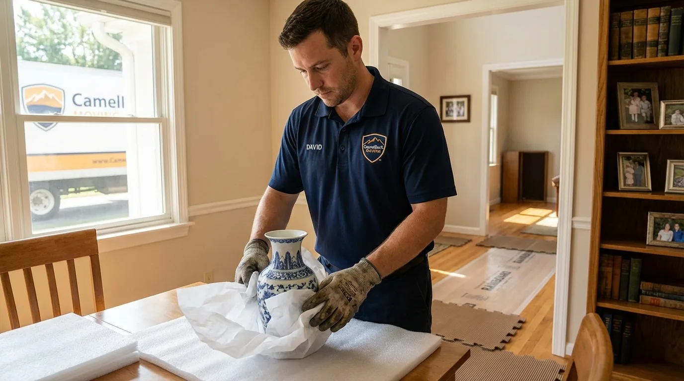 Professional crew carefully wrapping antique vase for senior downsizing move in Holloman Air Force Base, NM