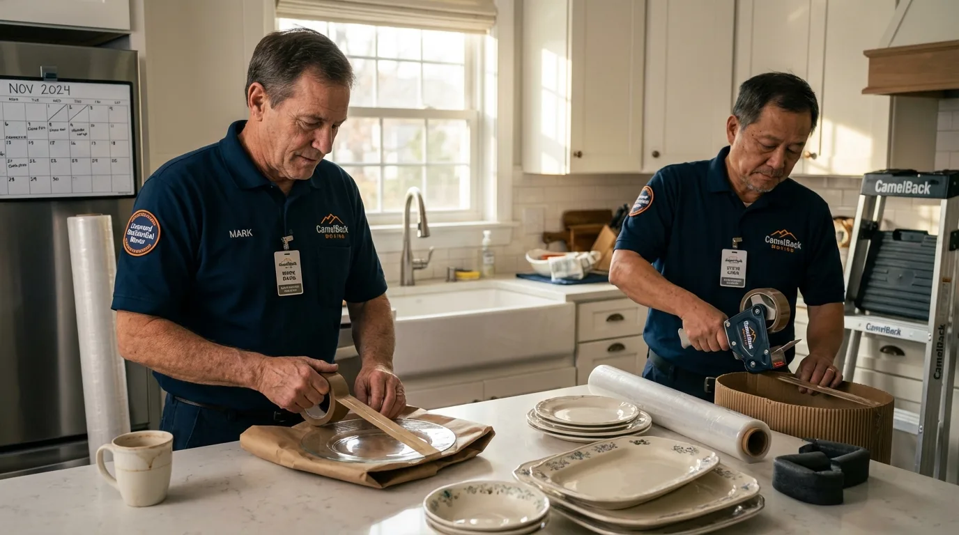 Professional crew packing kitchen dishware in Holloman Air Force Base, NM